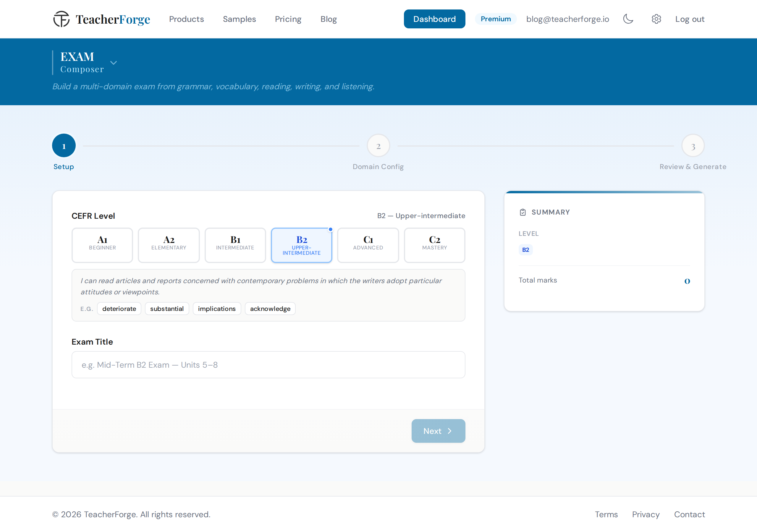 TeacherForge Exam Composer Step 1 showing Cambridge B2 First preset selected with domain checkboxes and exam options