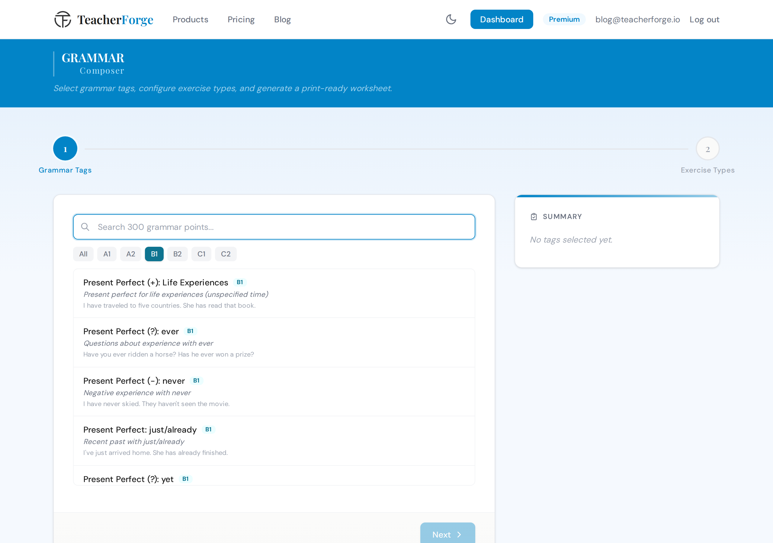 TeacherForge Grammar Composer Step 1 showing grammar tag search with B1 present perfect selected and item count set to 30