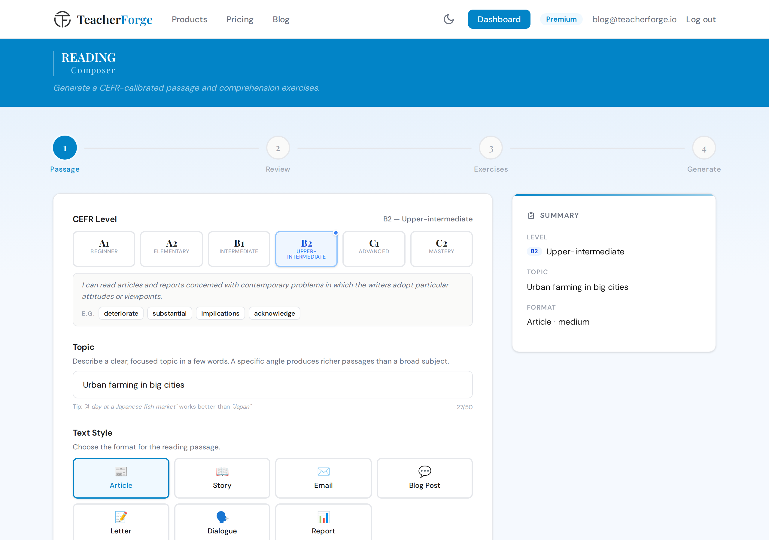 TeacherForge Reading Comprehension Composer passage review step showing a generated B2 article on urban farming before exercises are configured