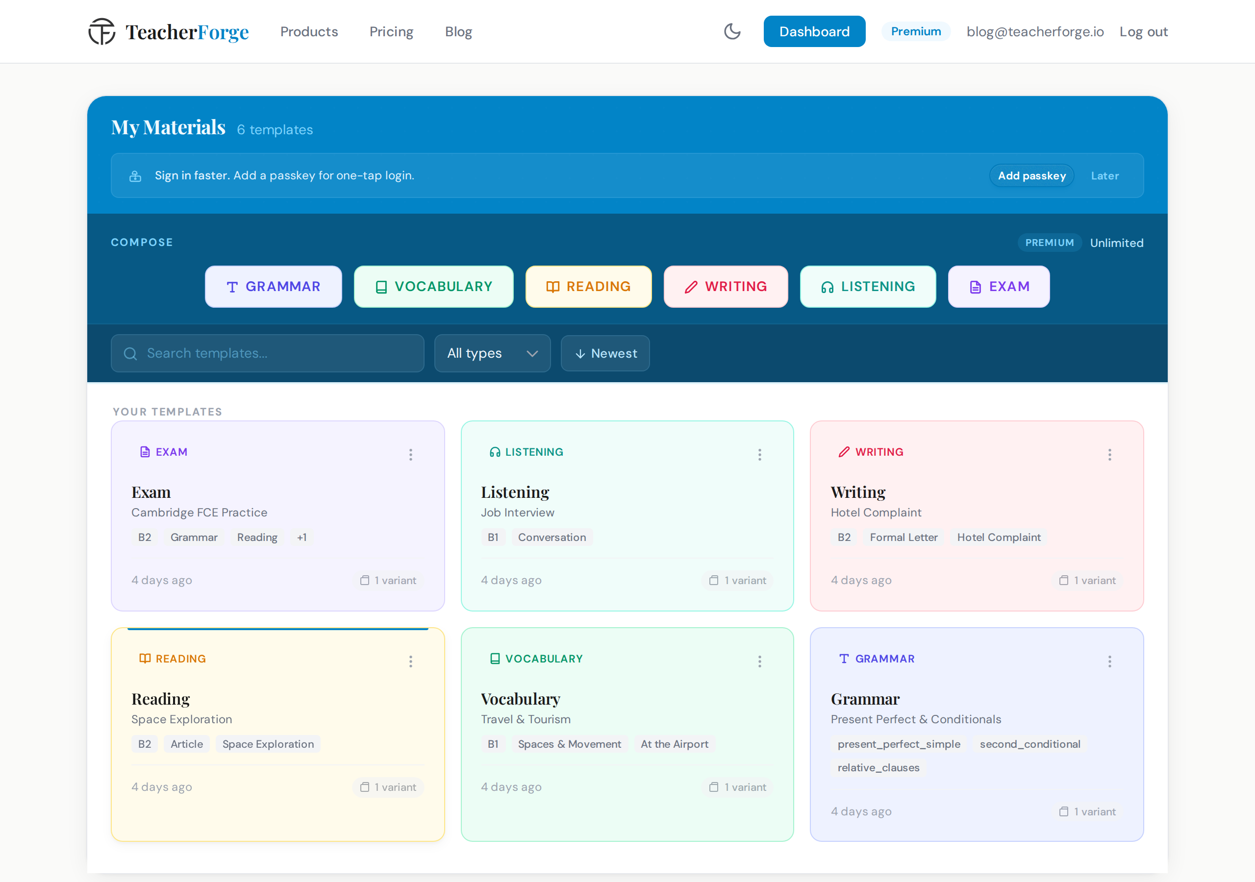 TeacherForge dashboard showing template cards with product type badges, CEFR level labels, and Generate new variant buttons