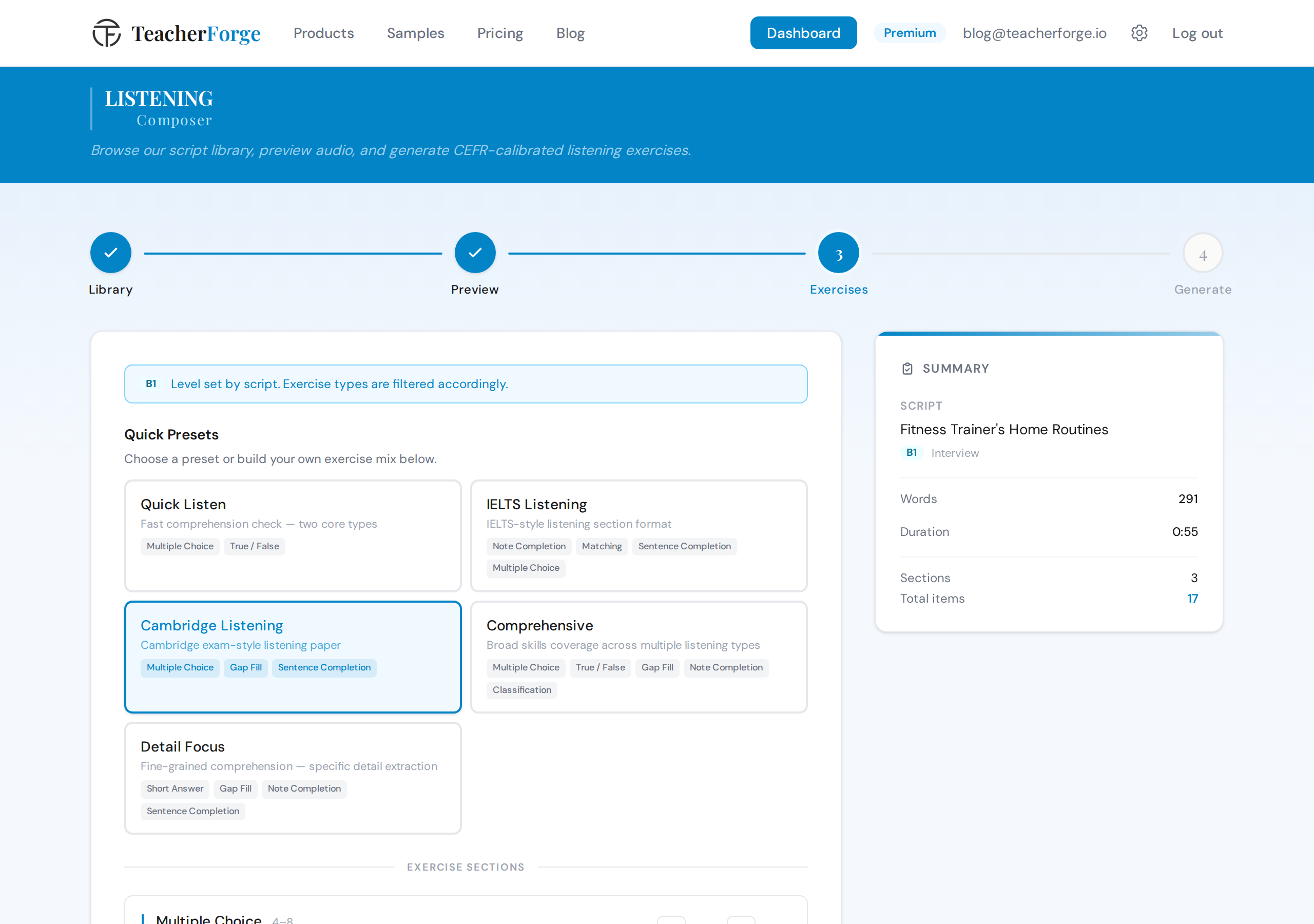 TeacherForge Listening Composer exercise configuration step showing preset options and manual exercise type selectors for a B1 interview script