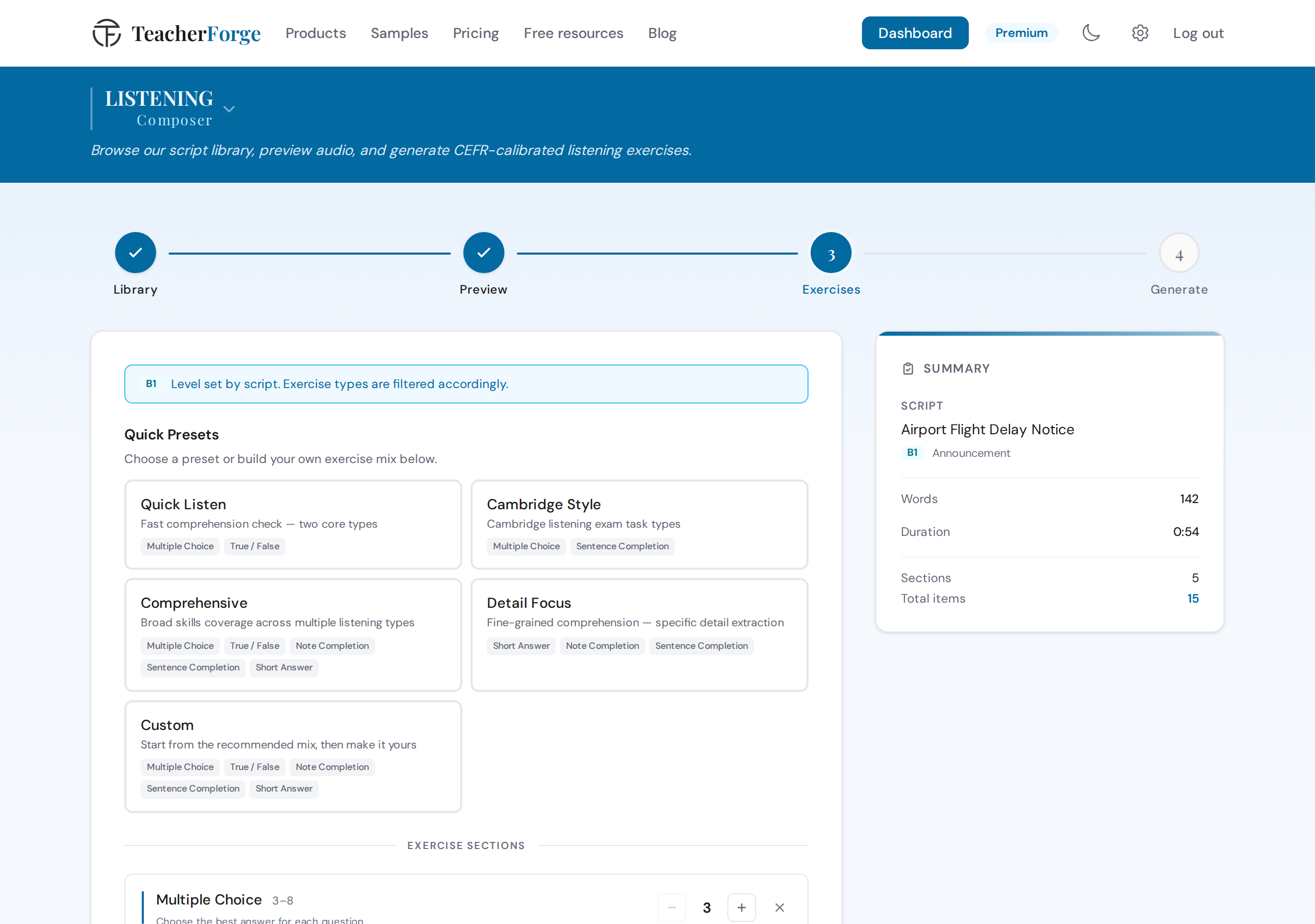 TeacherForge Listening Composer exercise configuration step showing preset options and manual exercise type selectors for a B1 announcement script