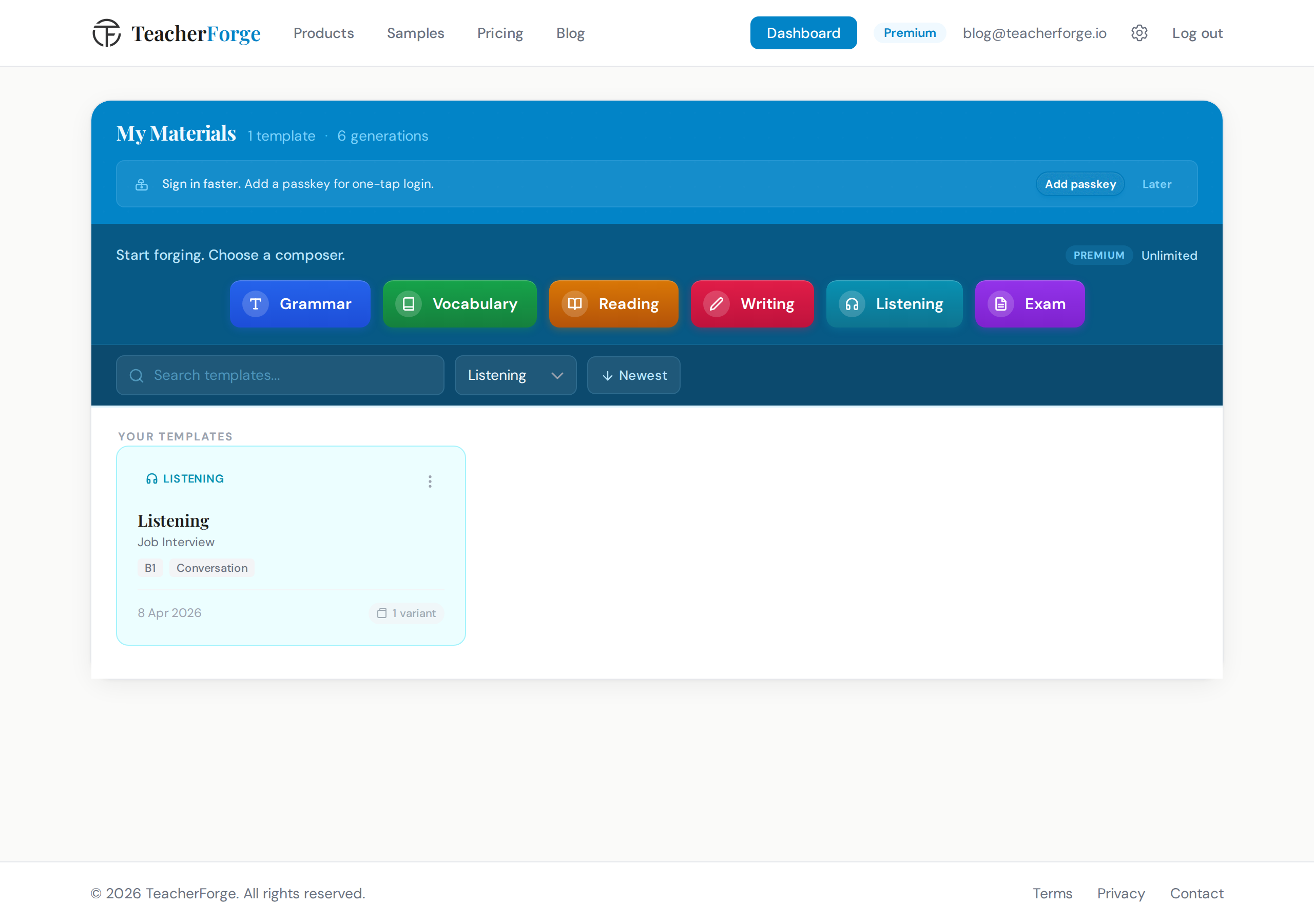TeacherForge dashboard showing a listening template card with variant count badge and Generate new variant button