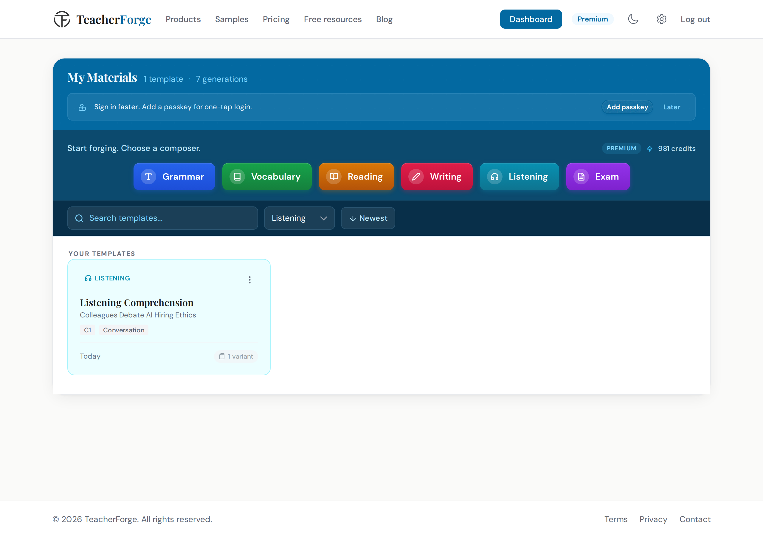 TeacherForge dashboard showing a listening template card with variant count badge and the Regenerate option