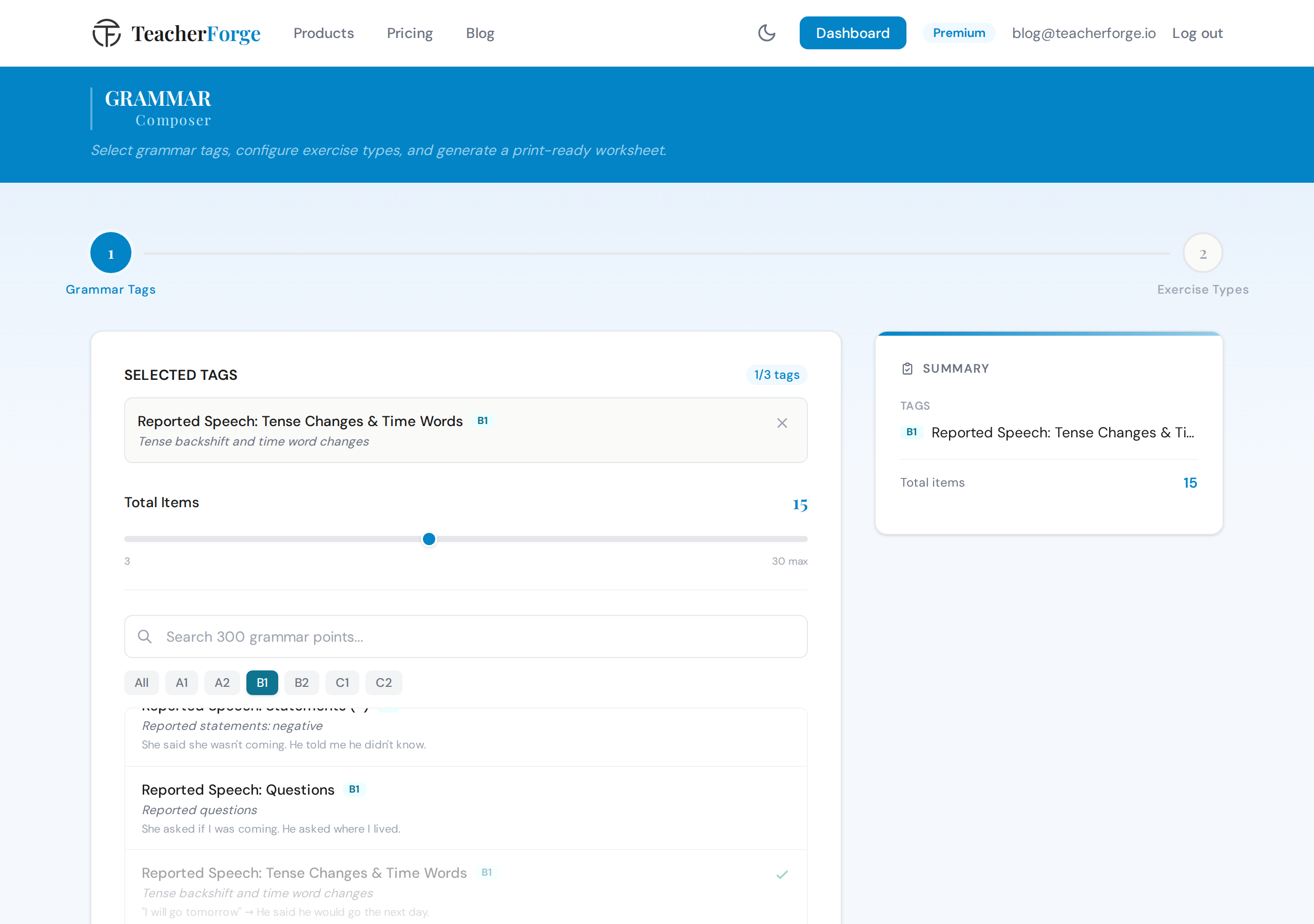 TeacherForge Grammar Composer with B1 grammar tags and exercise type distribution