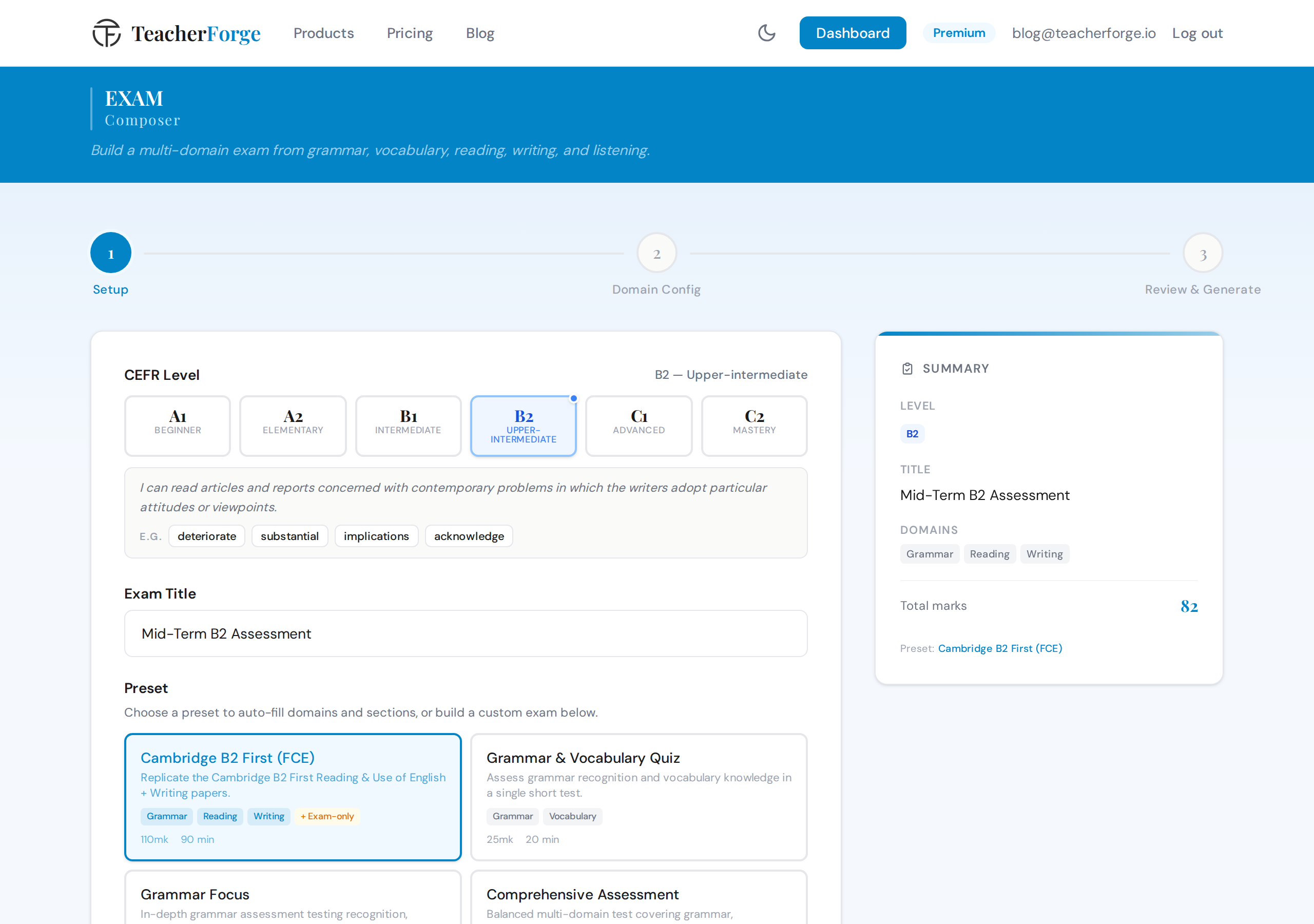 TeacherForge Exam Composer with grammar, vocabulary, and reading domains selected