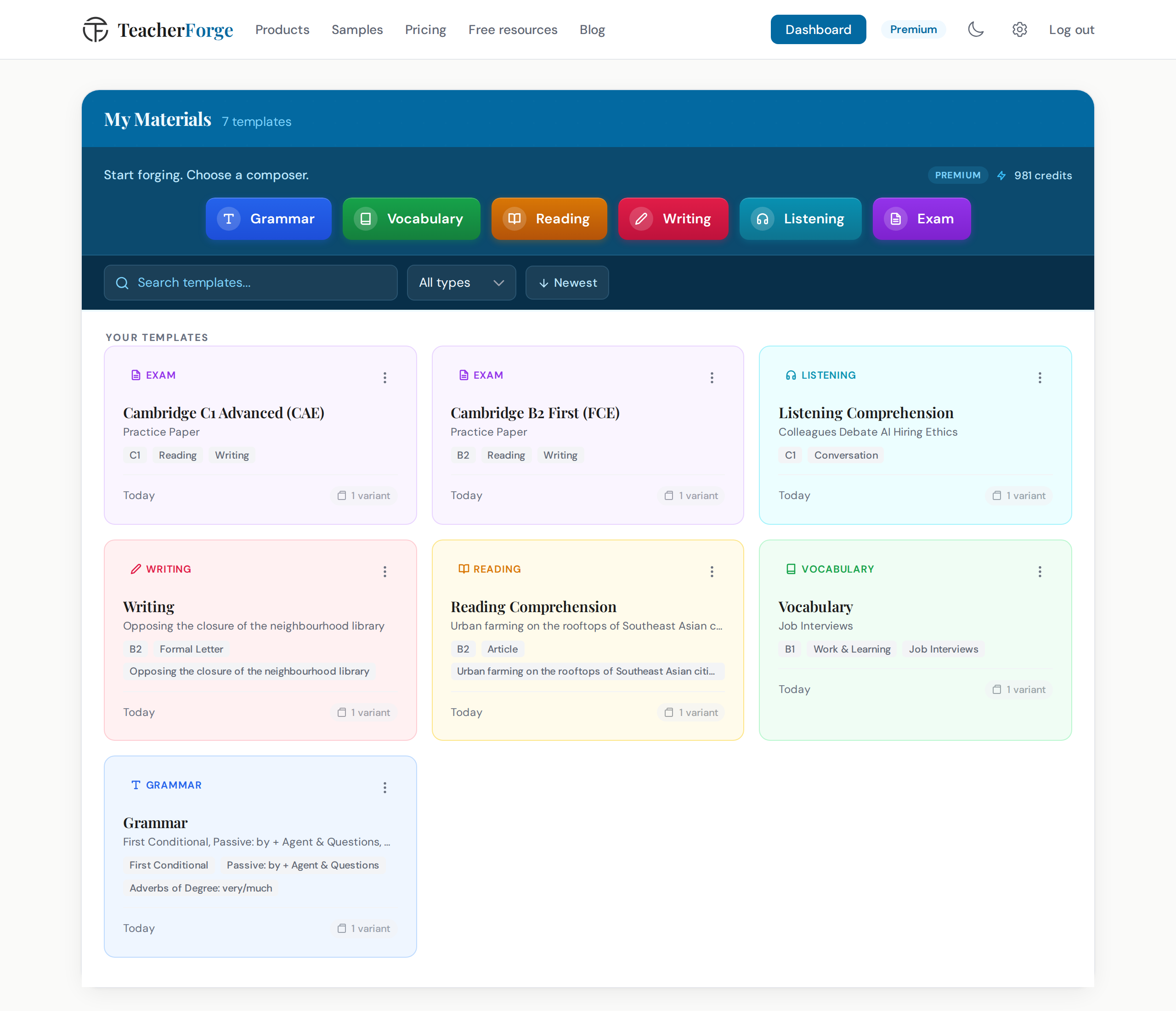 TeacherForge dashboard showing seven template cards across all six products, each with its product badge, CEFR level and variant count