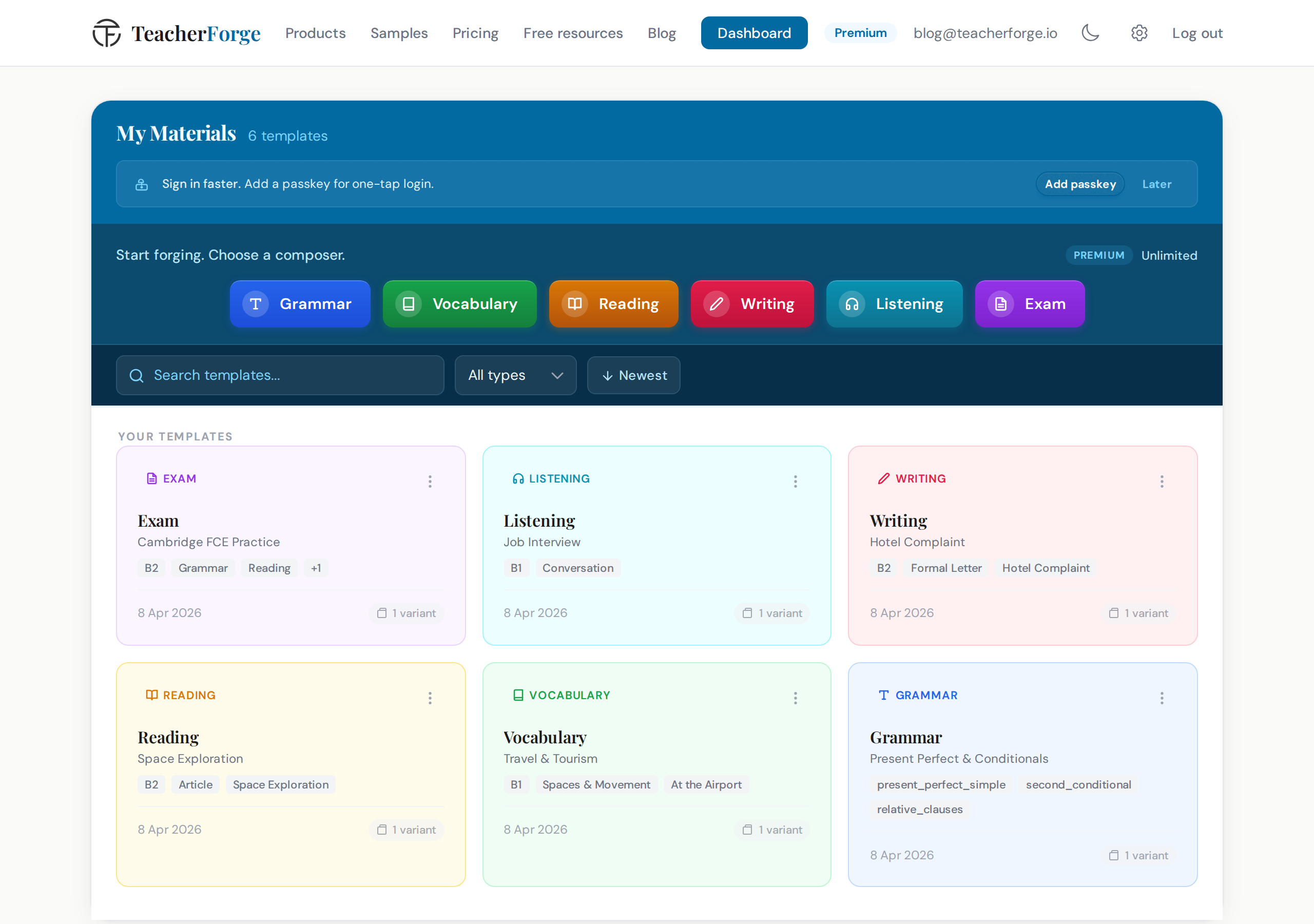 TeacherForge dashboard showing saved writing task template cards with Generate new variant button