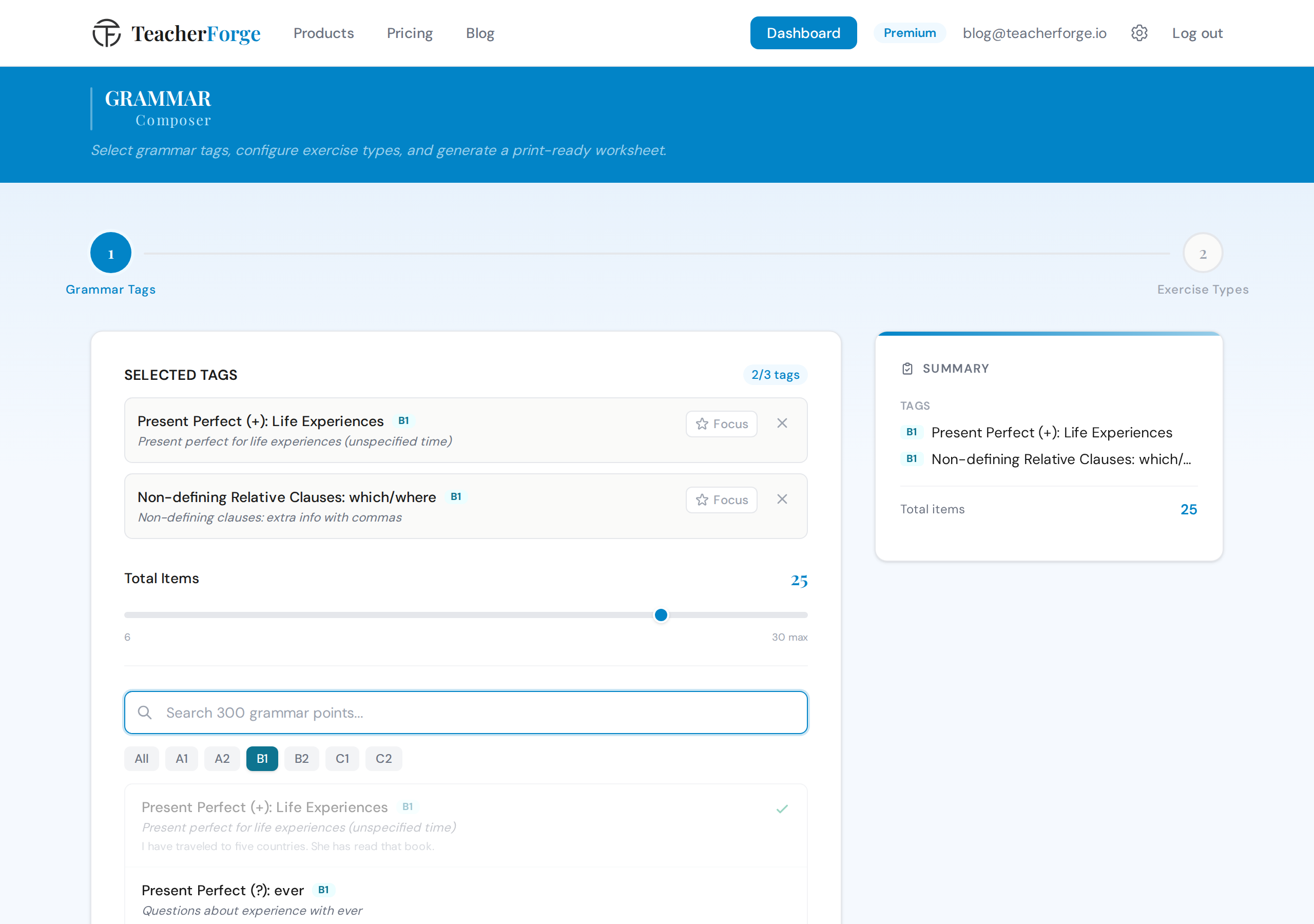 TeacherForge Grammar Composer showing the tag search interface with CEFR-level grammar tags selected and the exercise type distribution panel
