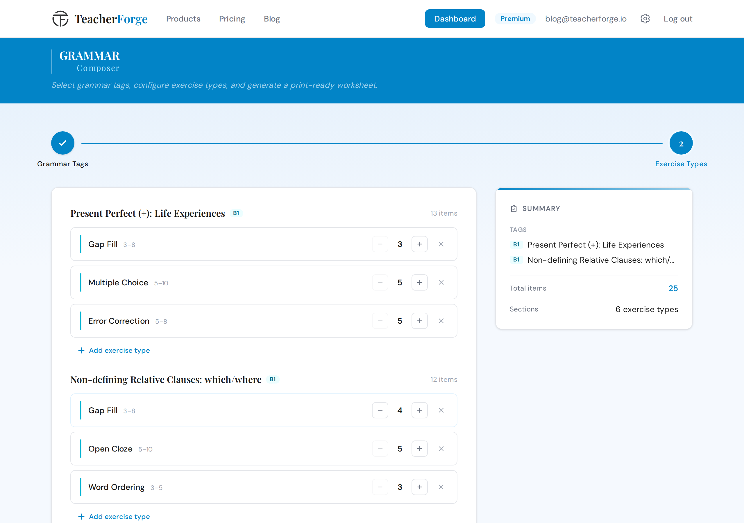 TeacherForge Grammar Composer exercise type stepper controls showing item counts per exercise type with a running total bar