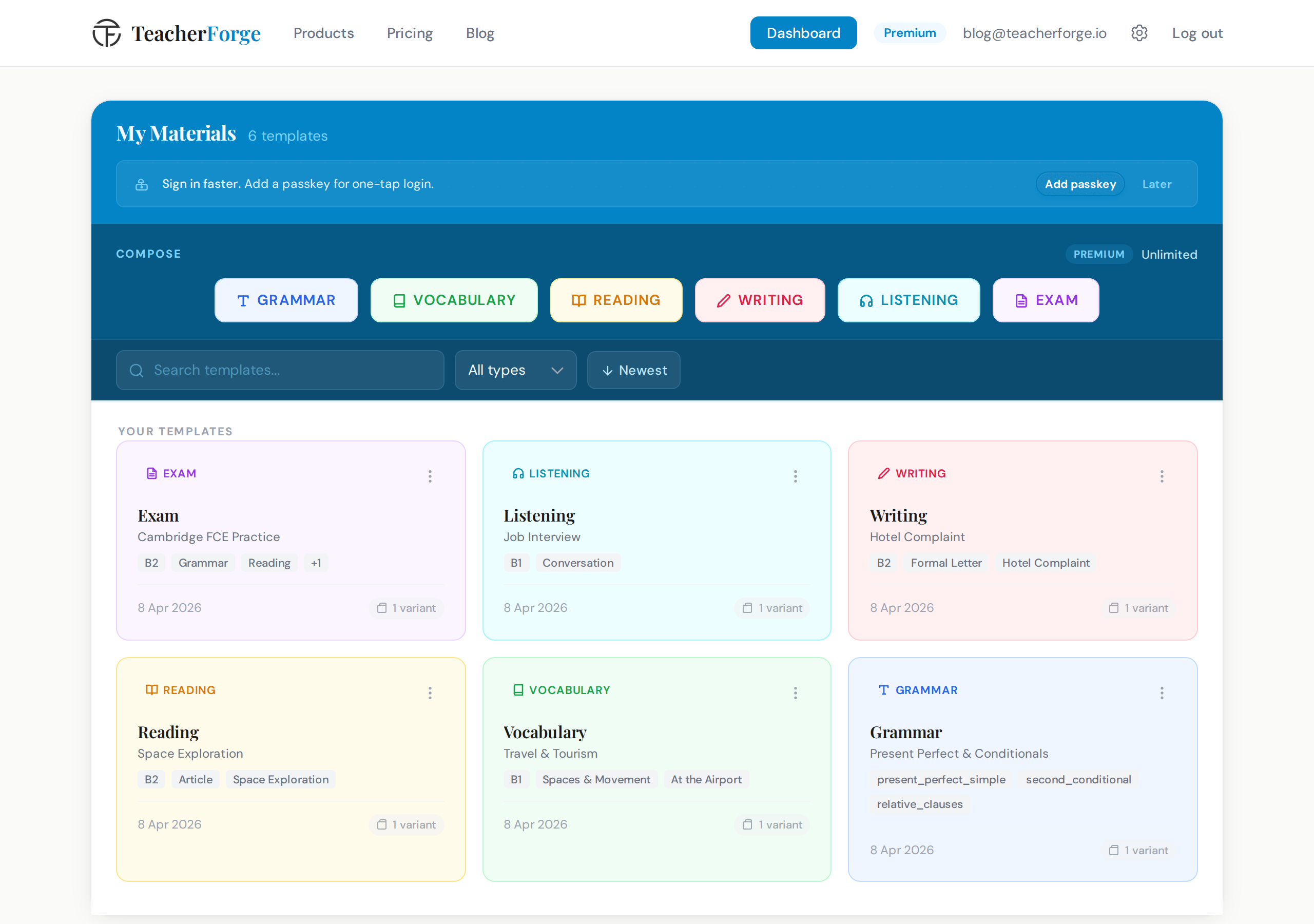 TeacherForge dashboard showing grammar template cards with CEFR level badges, tag labels, and the Generate new variant button
