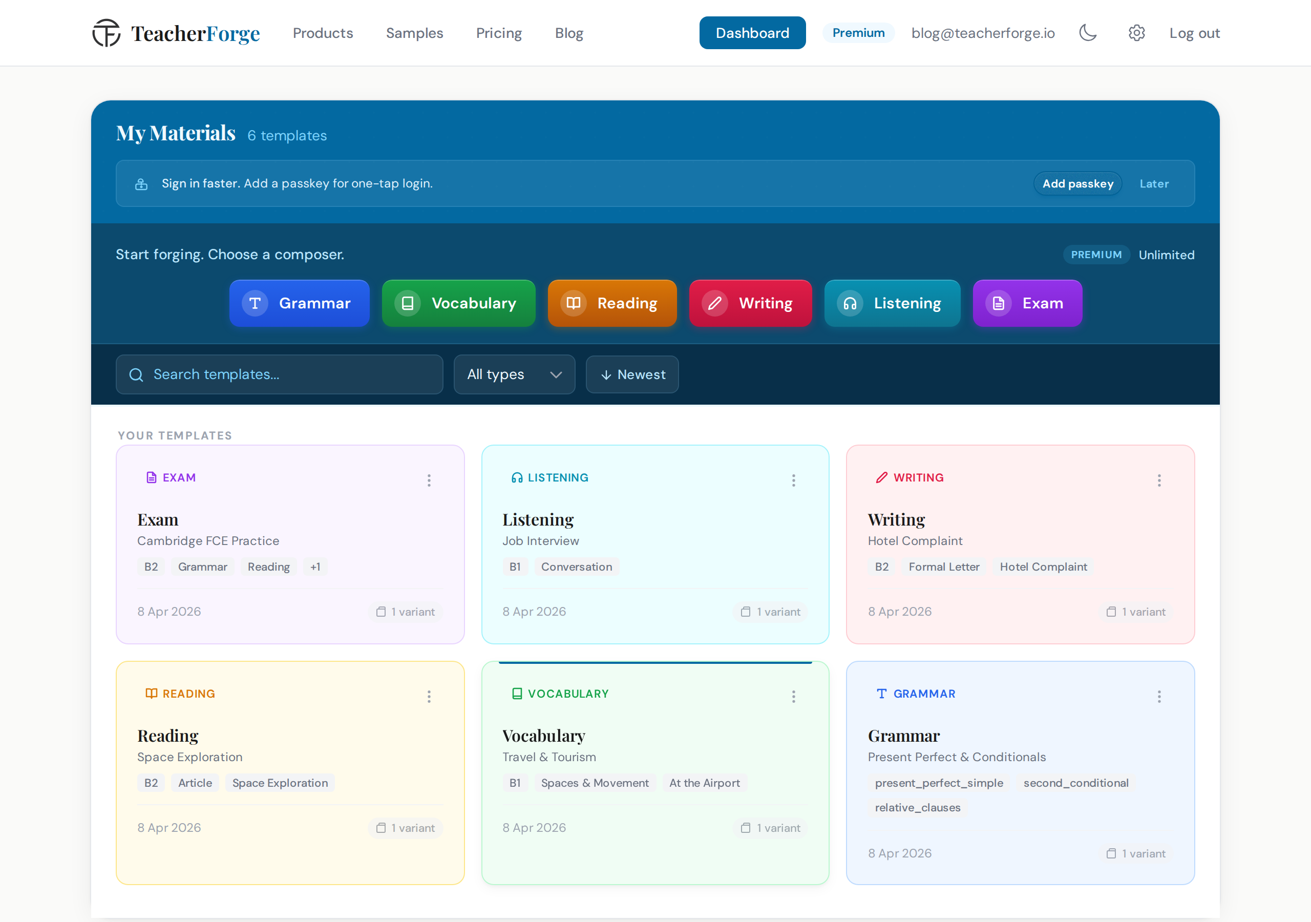 TeacherForge Exam Composer dashboard showing a completed exam template card with domain badges and variant count