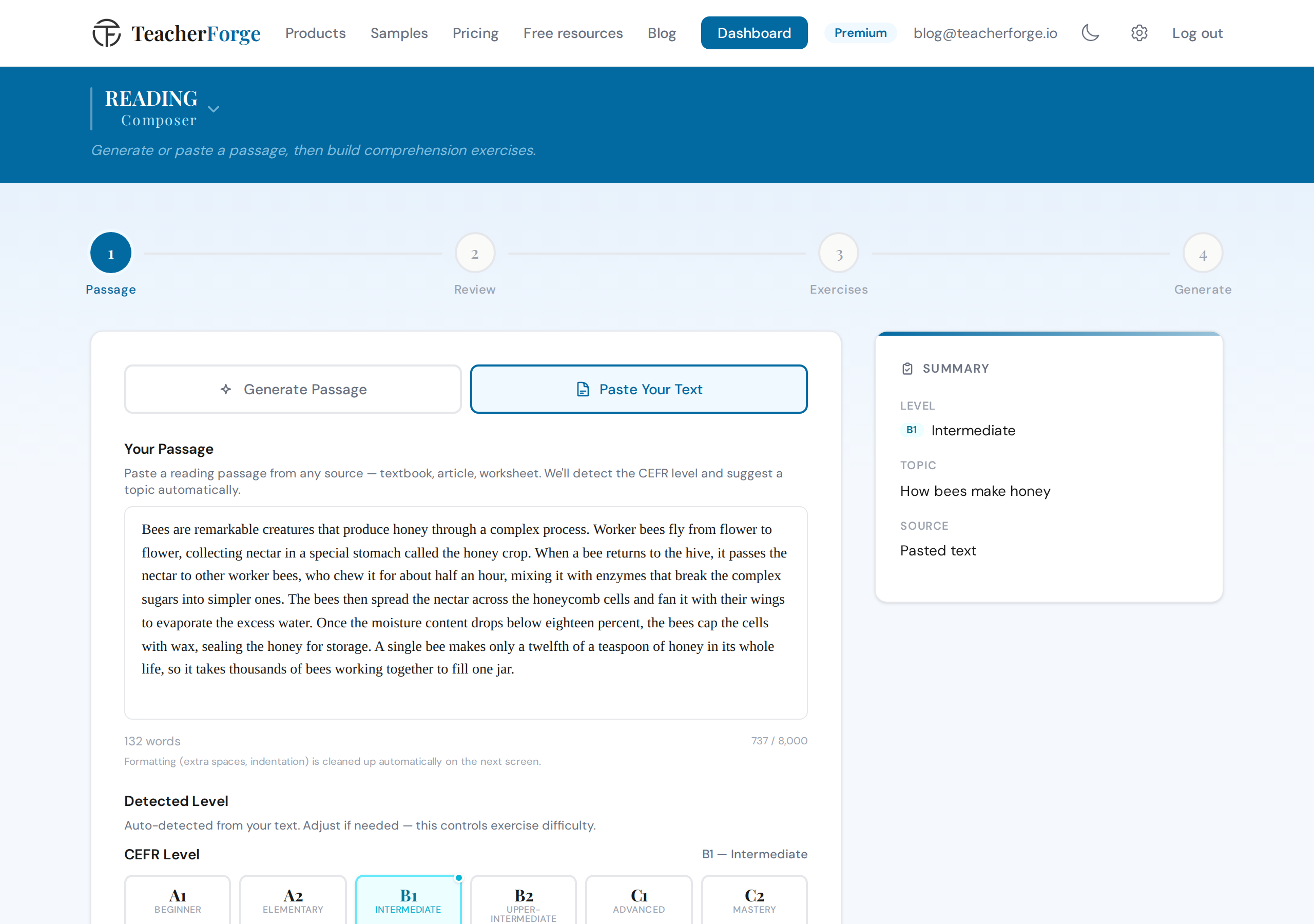 TeacherForge Reading Composer paste-your-text path showing auto-detected CEFR level and topic after pasting a passage