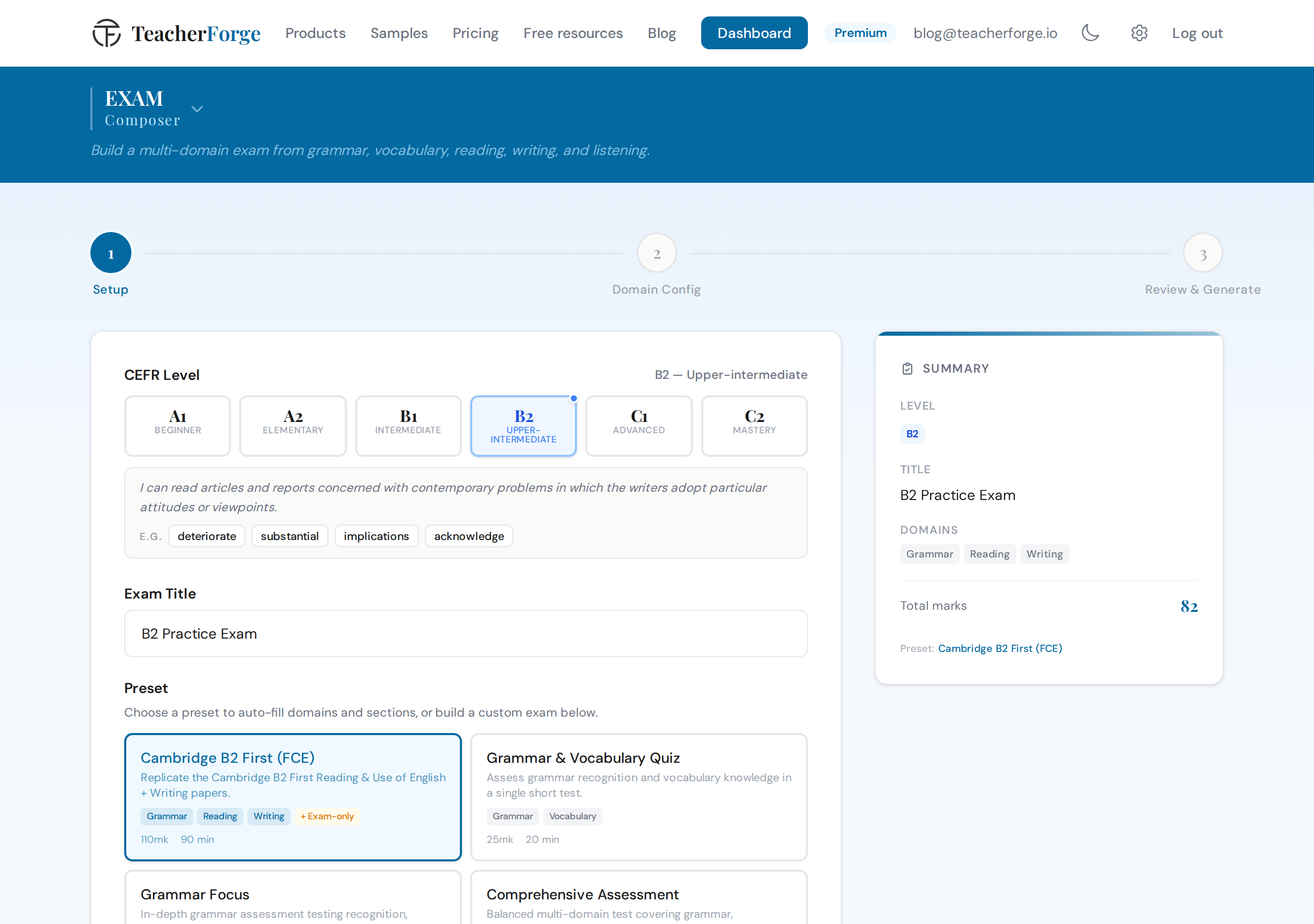 TeacherForge Exam Composer showing the Cambridge B2 First preset selected