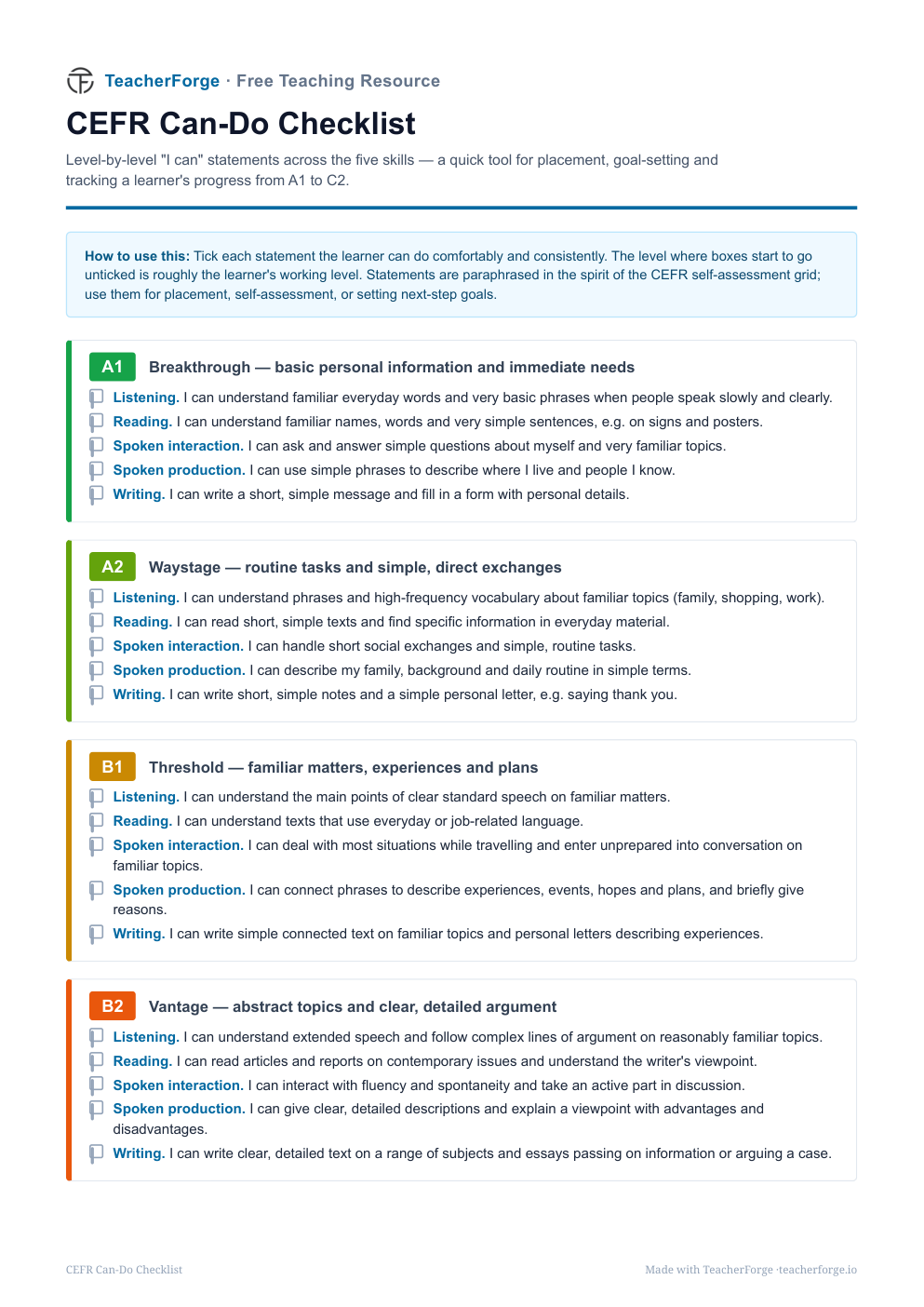 Preview of CEFR Can-Do Checklist (A1–C2)