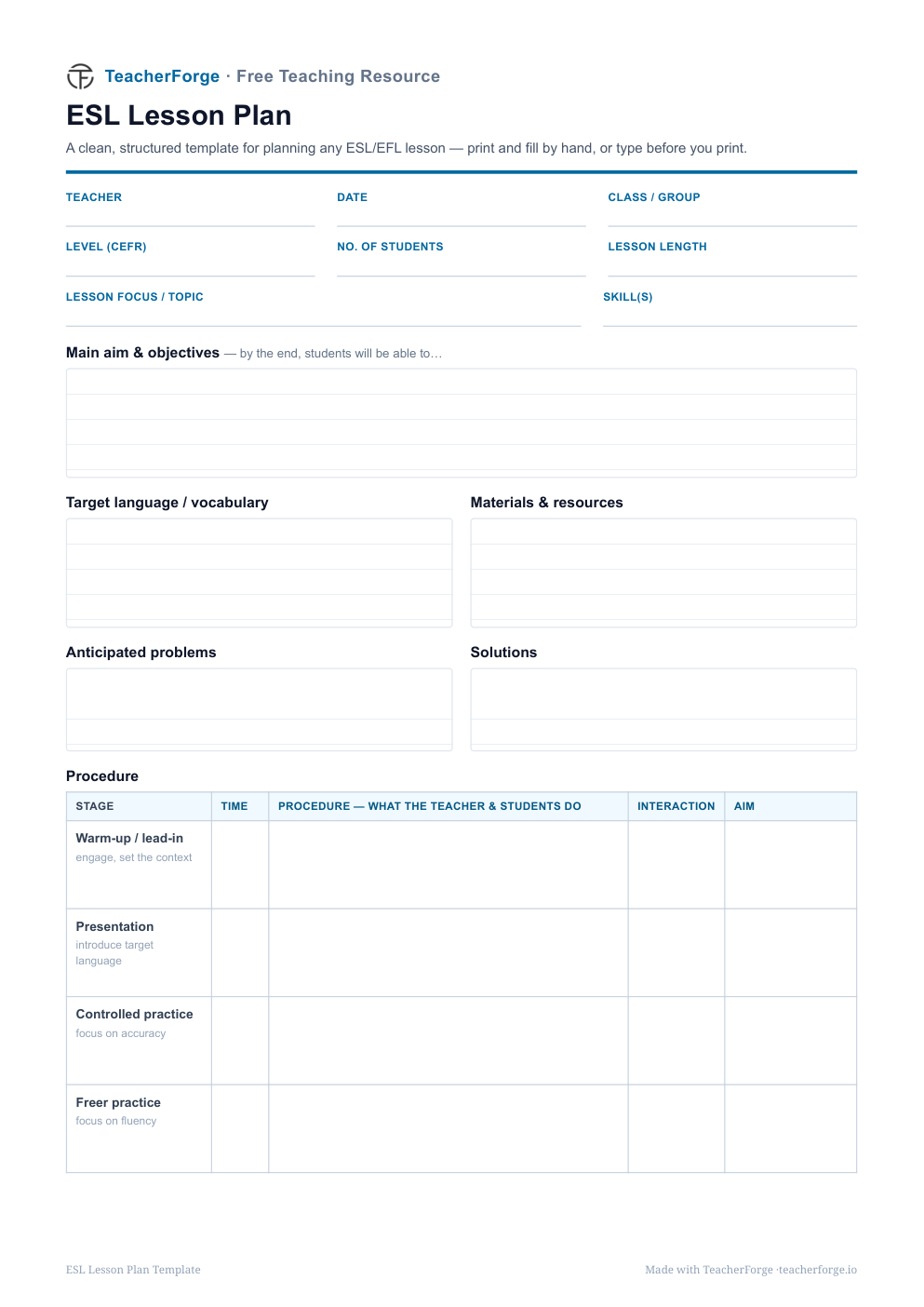 Preview of ESL Lesson Plan Template