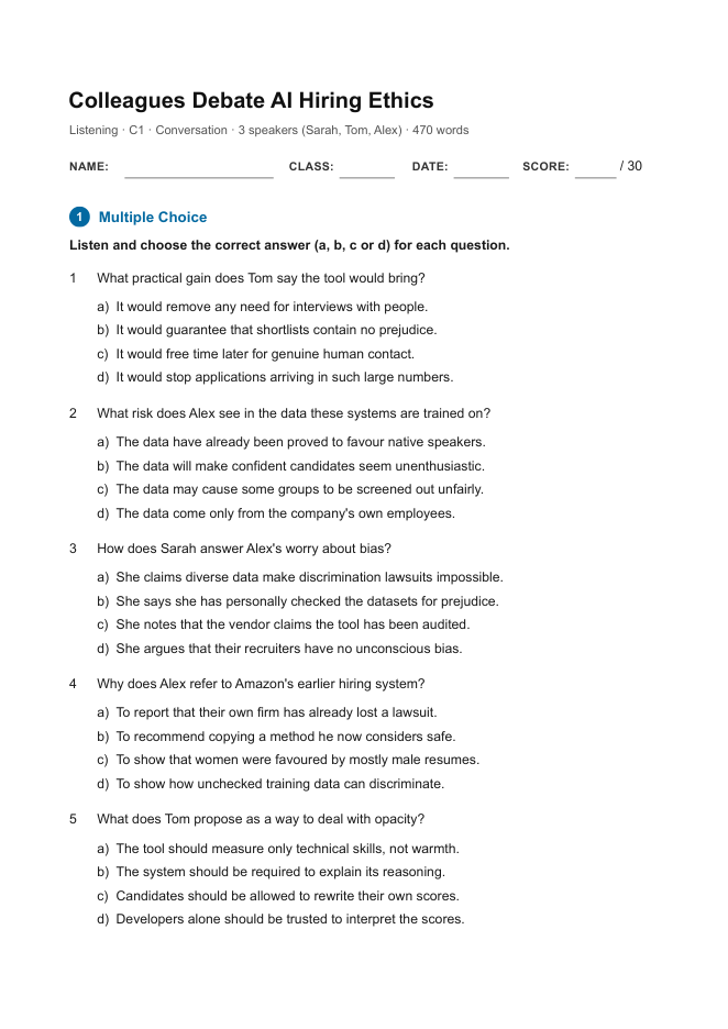First page of Colleagues Debate AI Hiring Ethics
