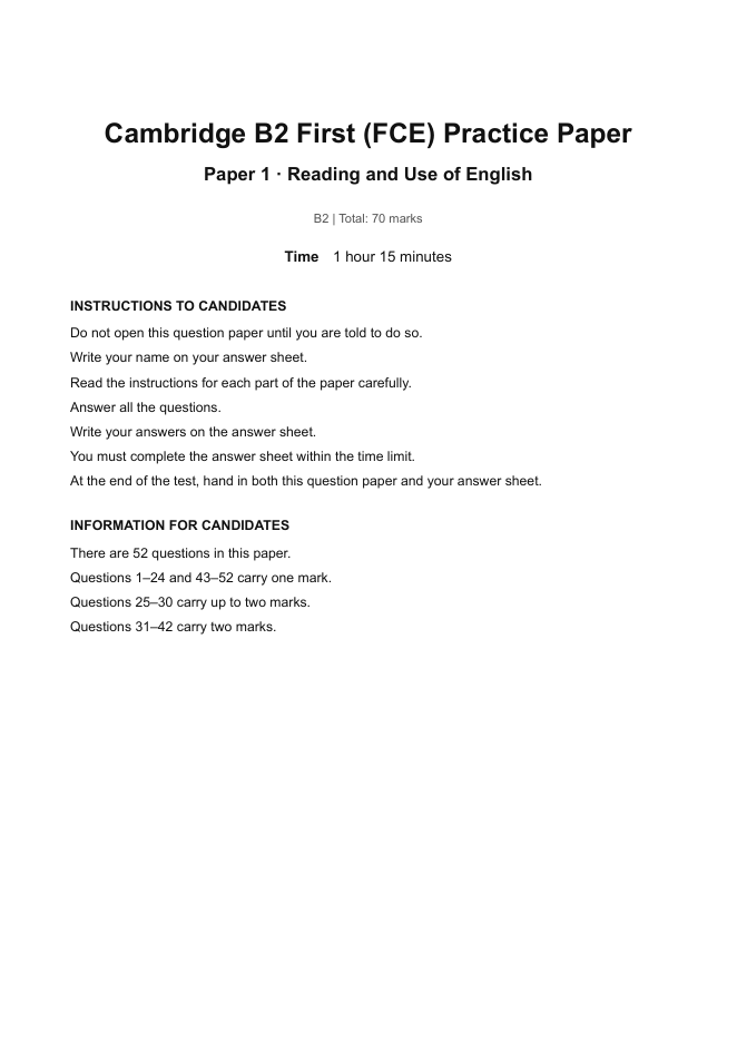 First page of Cambridge B2 First (FCE) Practice Paper