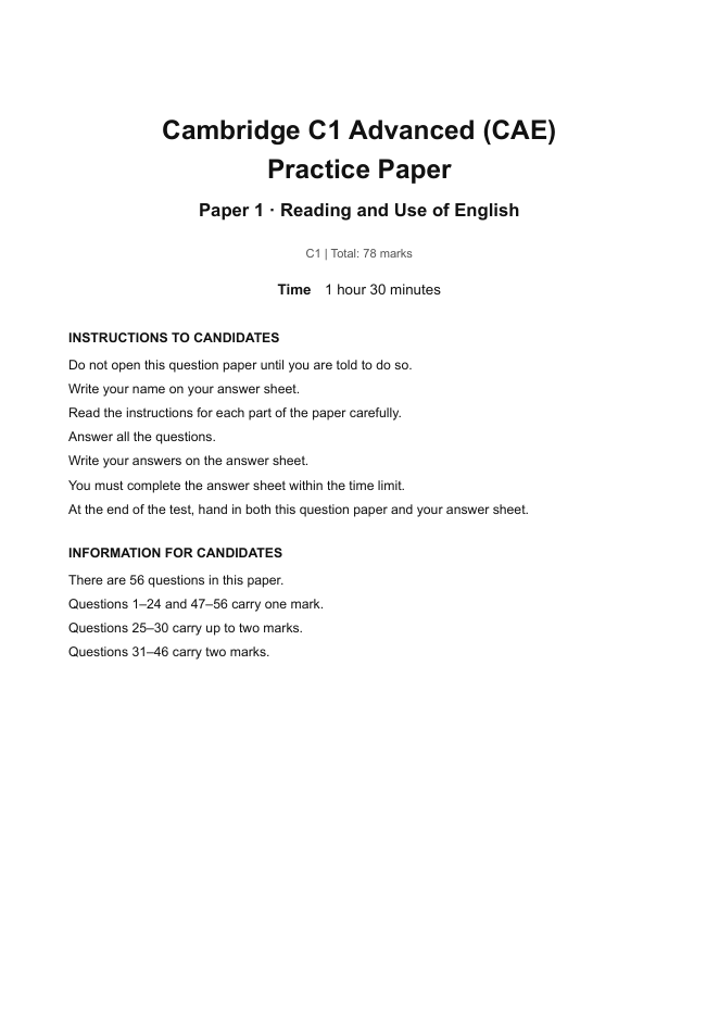 First page of Cambridge C1 Advanced (CAE) Practice Paper